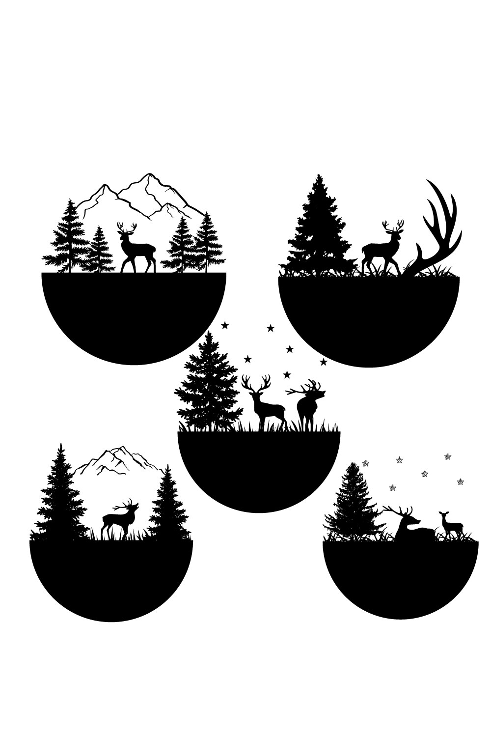 Set of four silhouettes of deer in the woods.