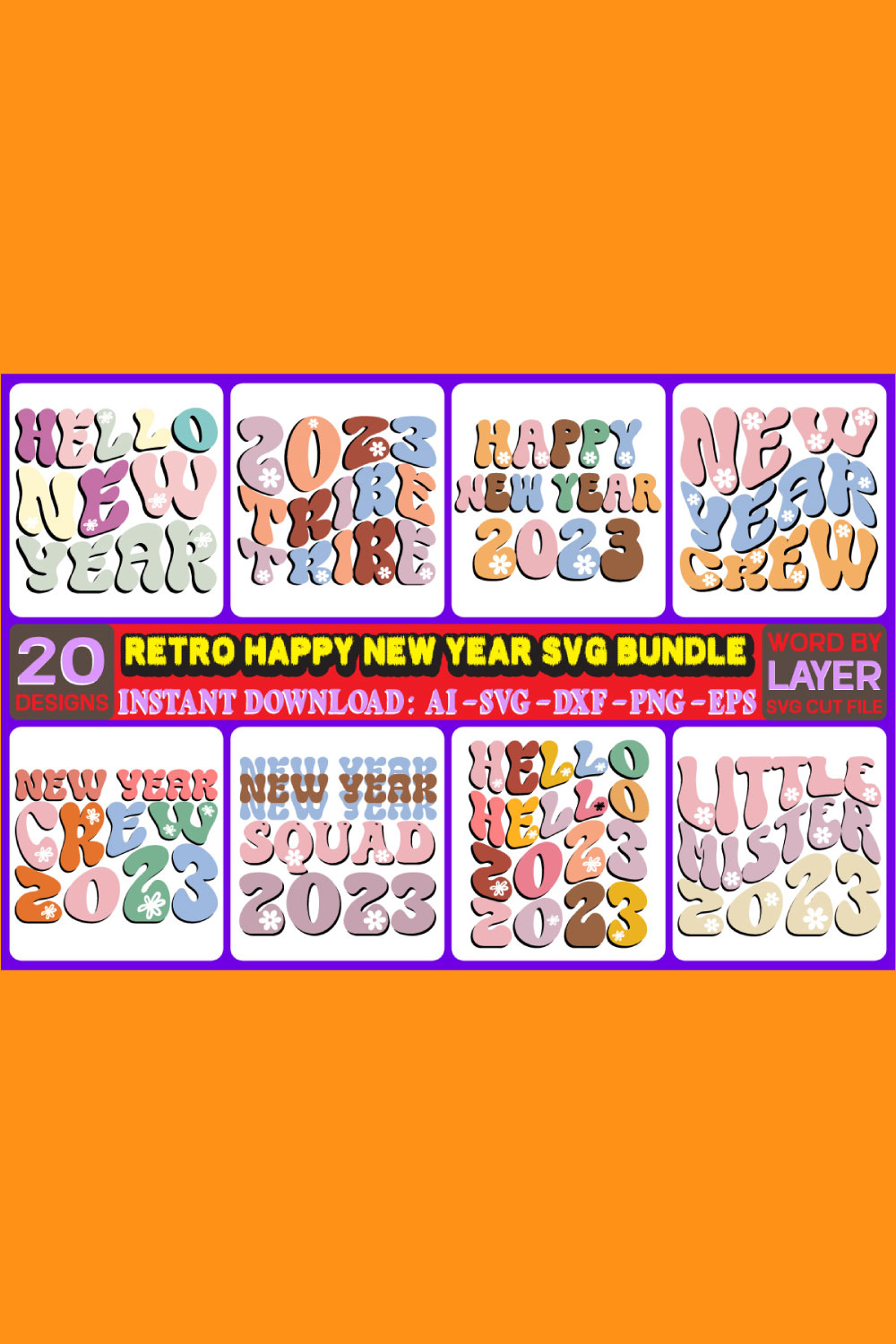 Retro Happy New Year SVG Bundle pinterest image.