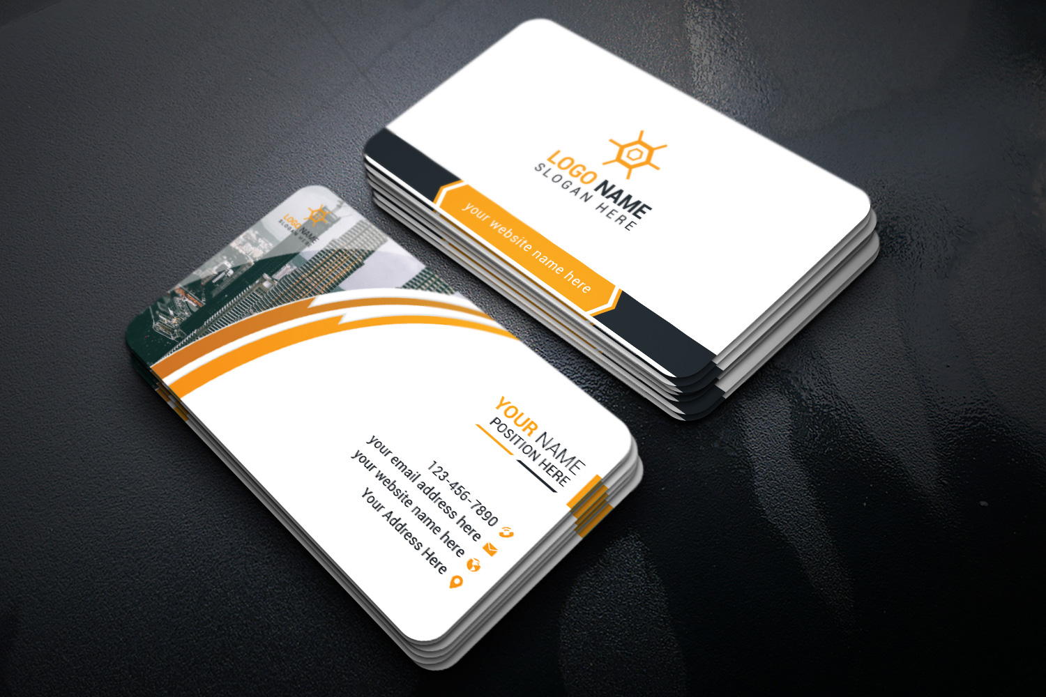 Light business card with soft yellow lines.
