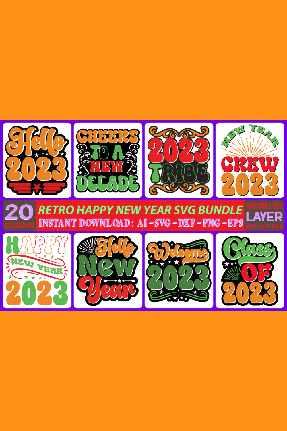Happy New Year Retro SVG Design Bundle pinterest image.