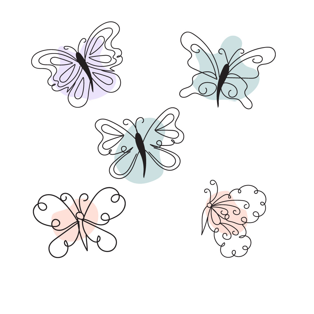 Group of four different colored butterflies on a white background.