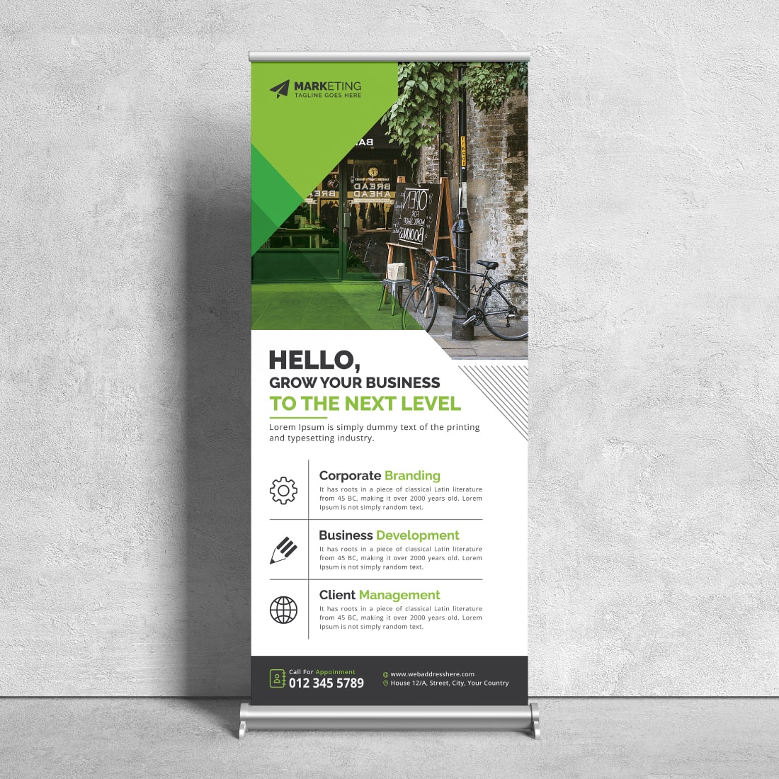 Image of a corporate roll up banner in a beautiful green design