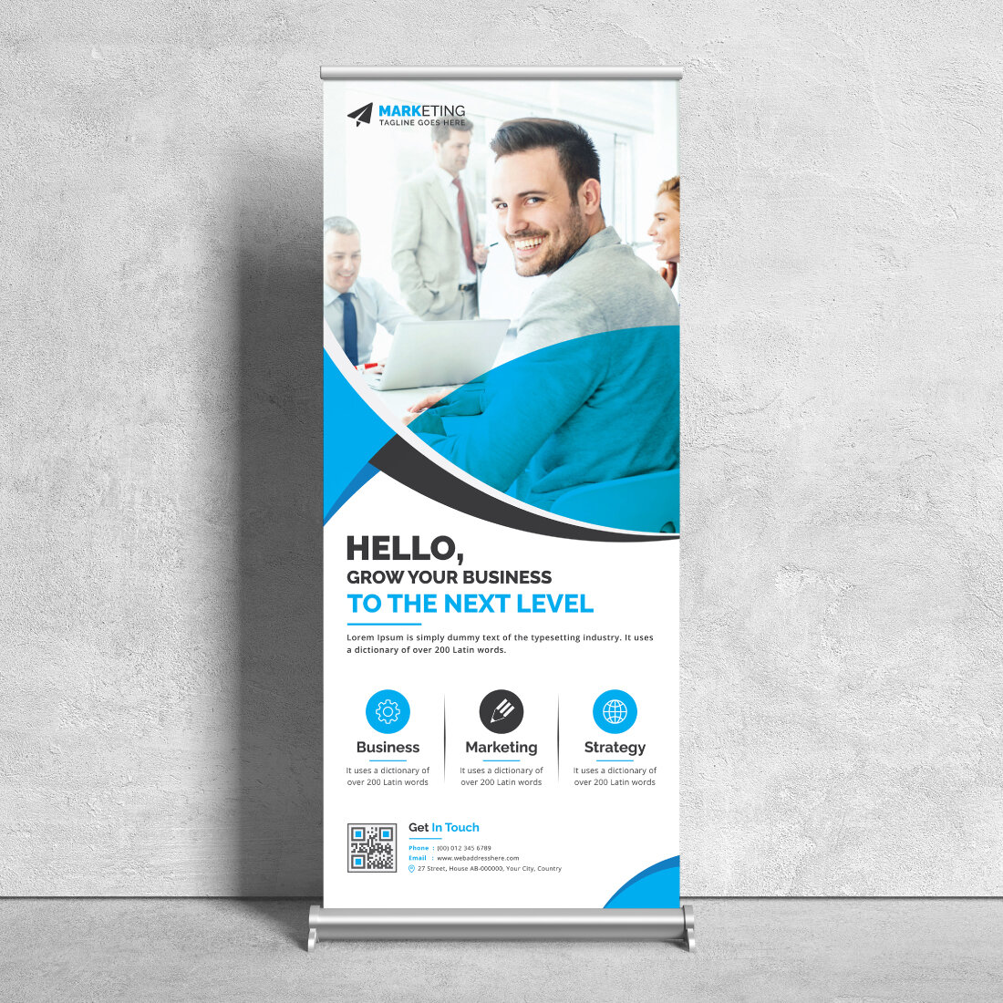 Image of corporate roll up banner in colorful blue design