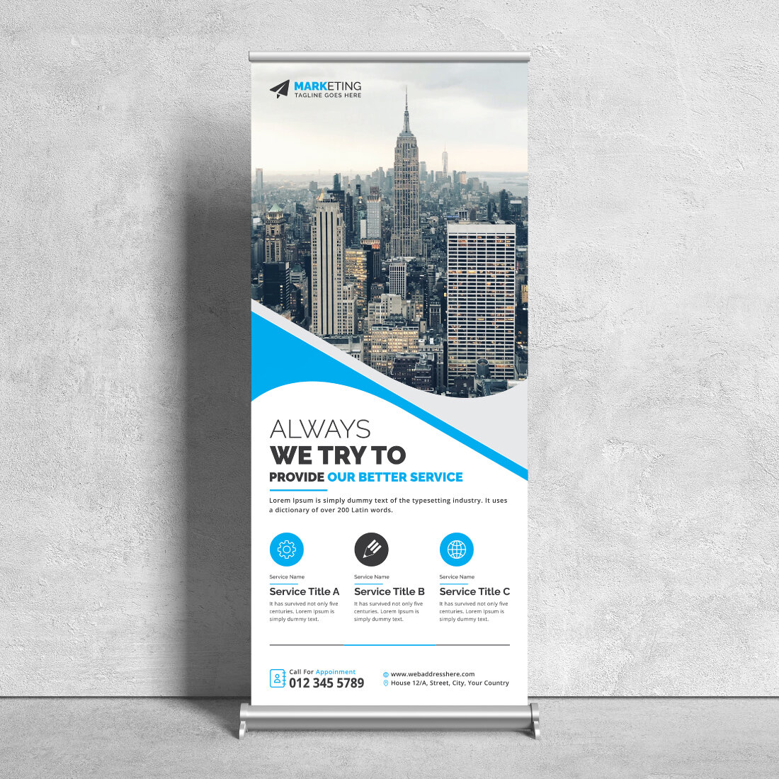 Image of corporate roll up banner in colorful blue design