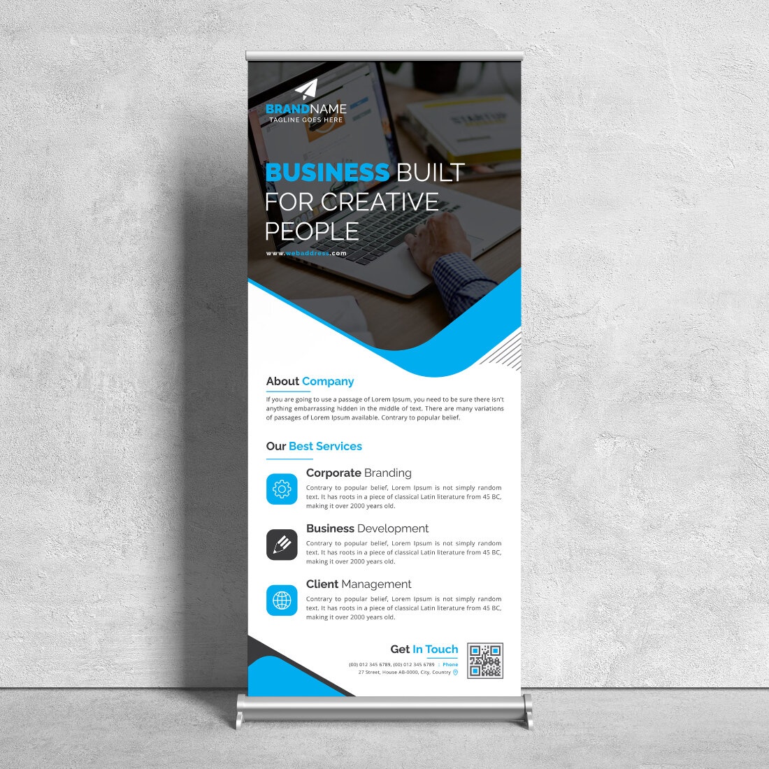 Image of corporate roll up banner in colorful blue design