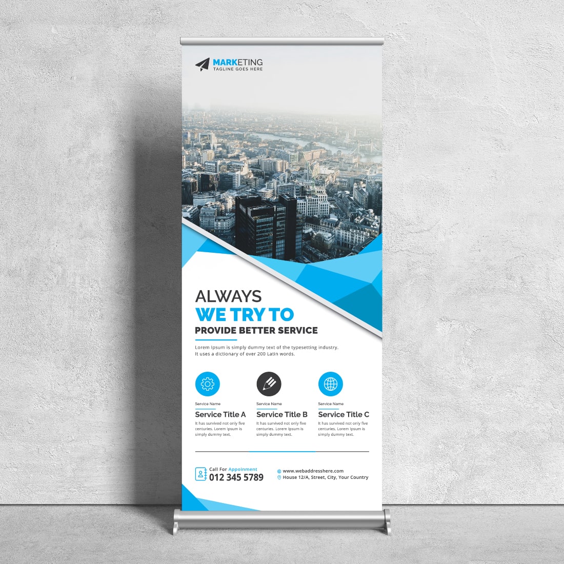 Image of a corporate roll up banner in a unique blue design