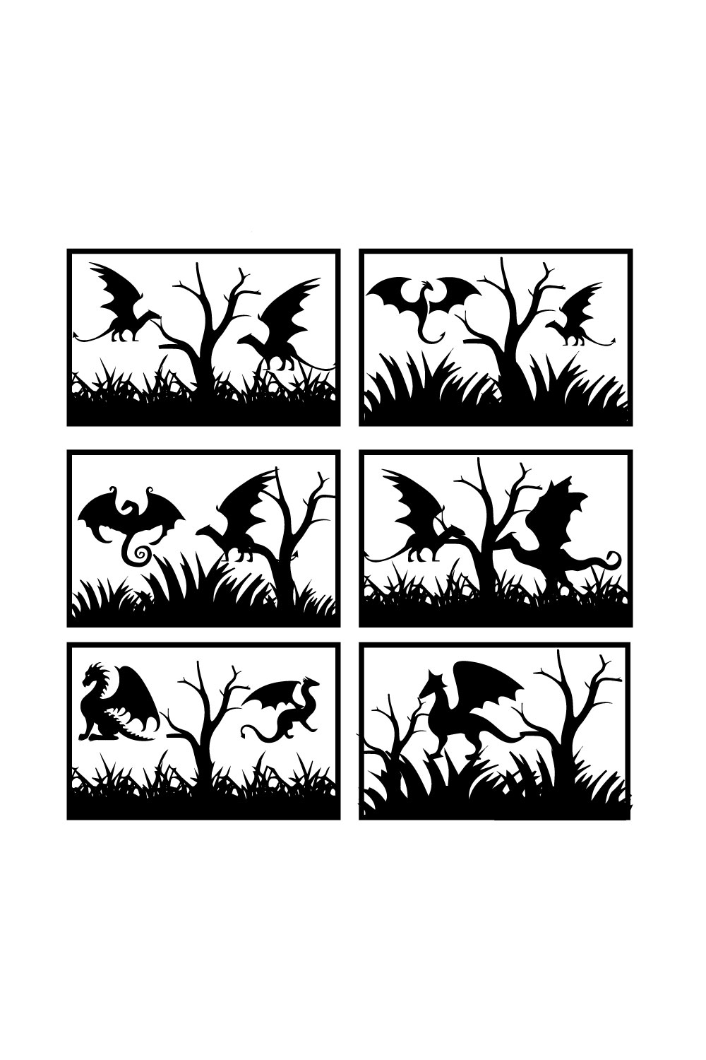 Set of four black and white silhouettes of birds.