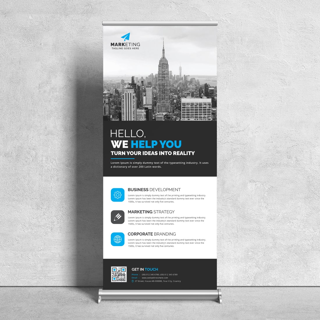 Image of a corporate roll up banner in a charming blue design