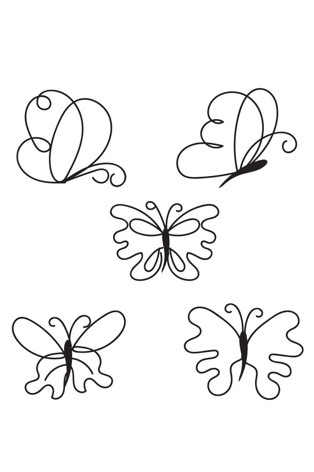 Set of four black and white butterflies.