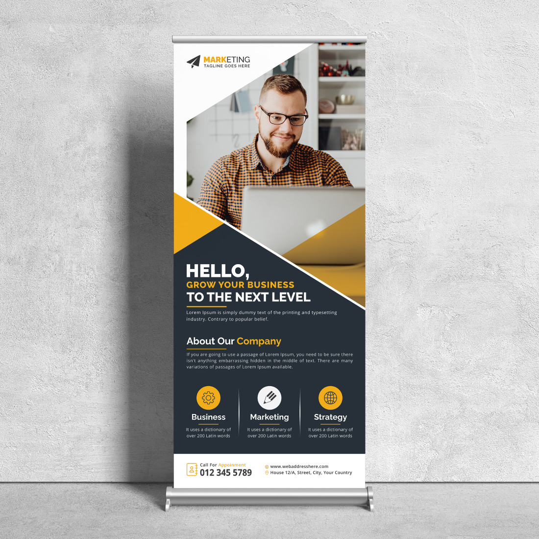 Image of corporate roll up banner in irresistible yellow design