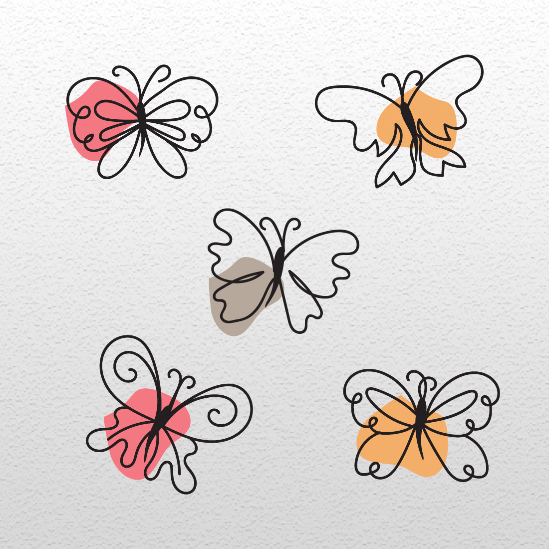 Four different colored butterflies on a white background.