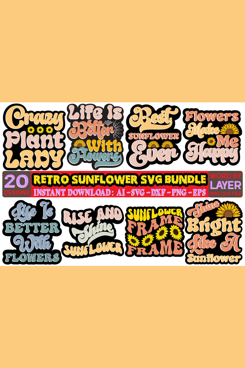 Retro Sunflower SVG Bundle pinterest image.