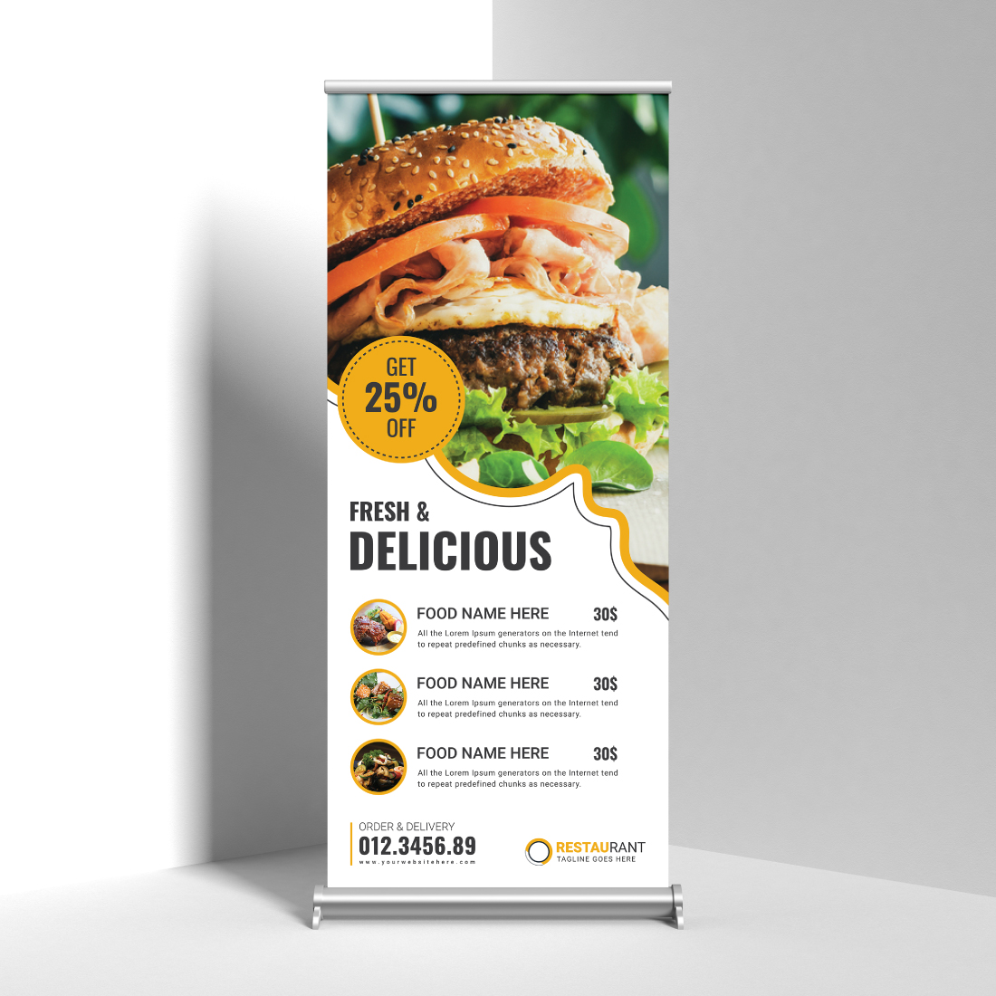 Image of a restaurant roll up banner in a enchanting yellow design