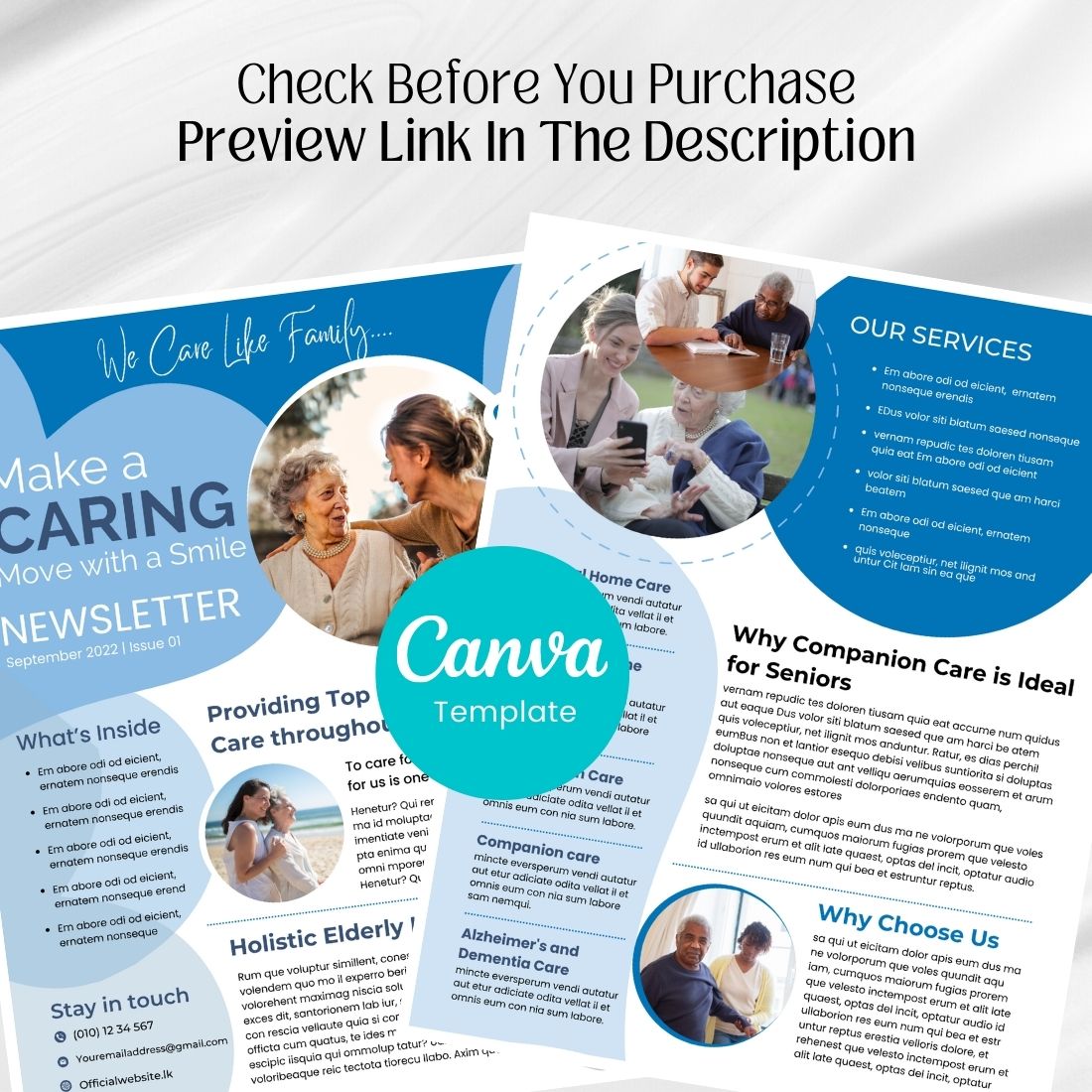 Caregiver Business Canva Newsletter Template cover image.
