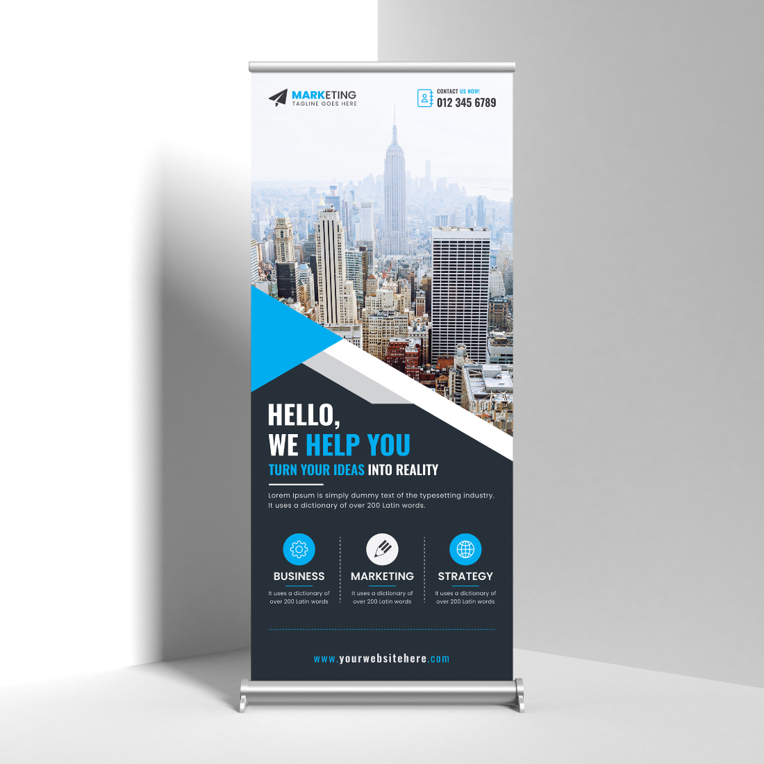 Image of corporate roll up banner in colorful blue design