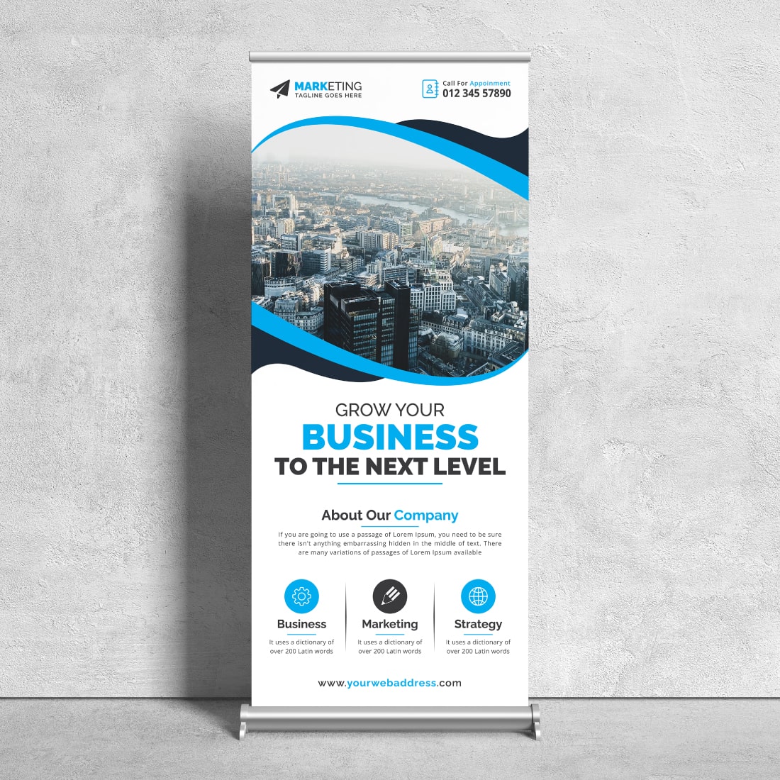 Image of a corporate roll up banner in a charming blue design