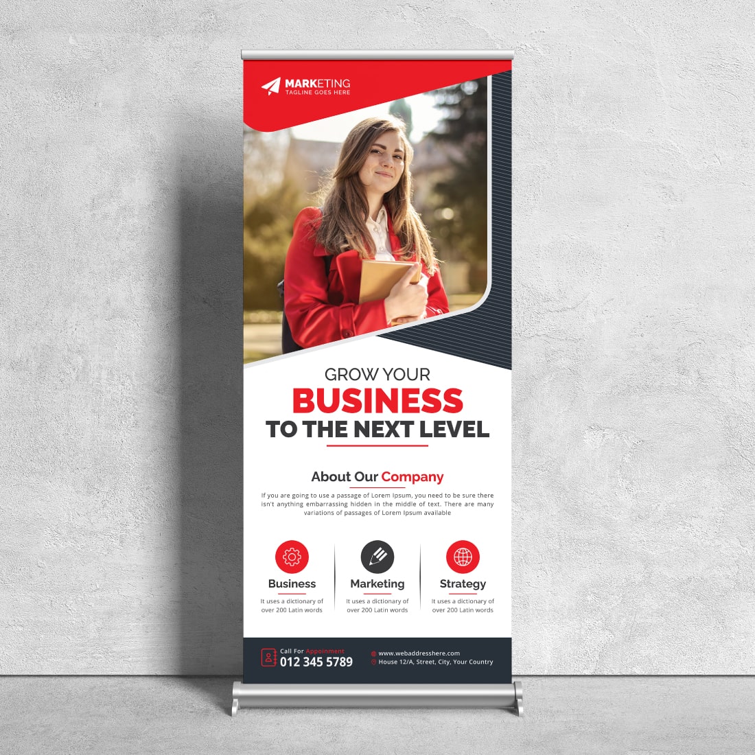 Image of corporate roll up banner in wonderful red design