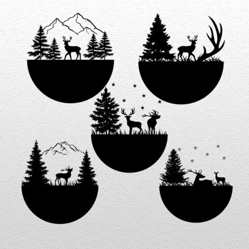 Set of four silhouettes of deer in the woods.