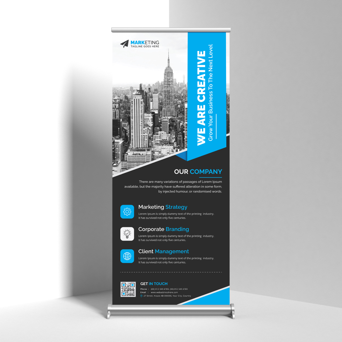 Image of corporate roll up banner in enchanting blue design