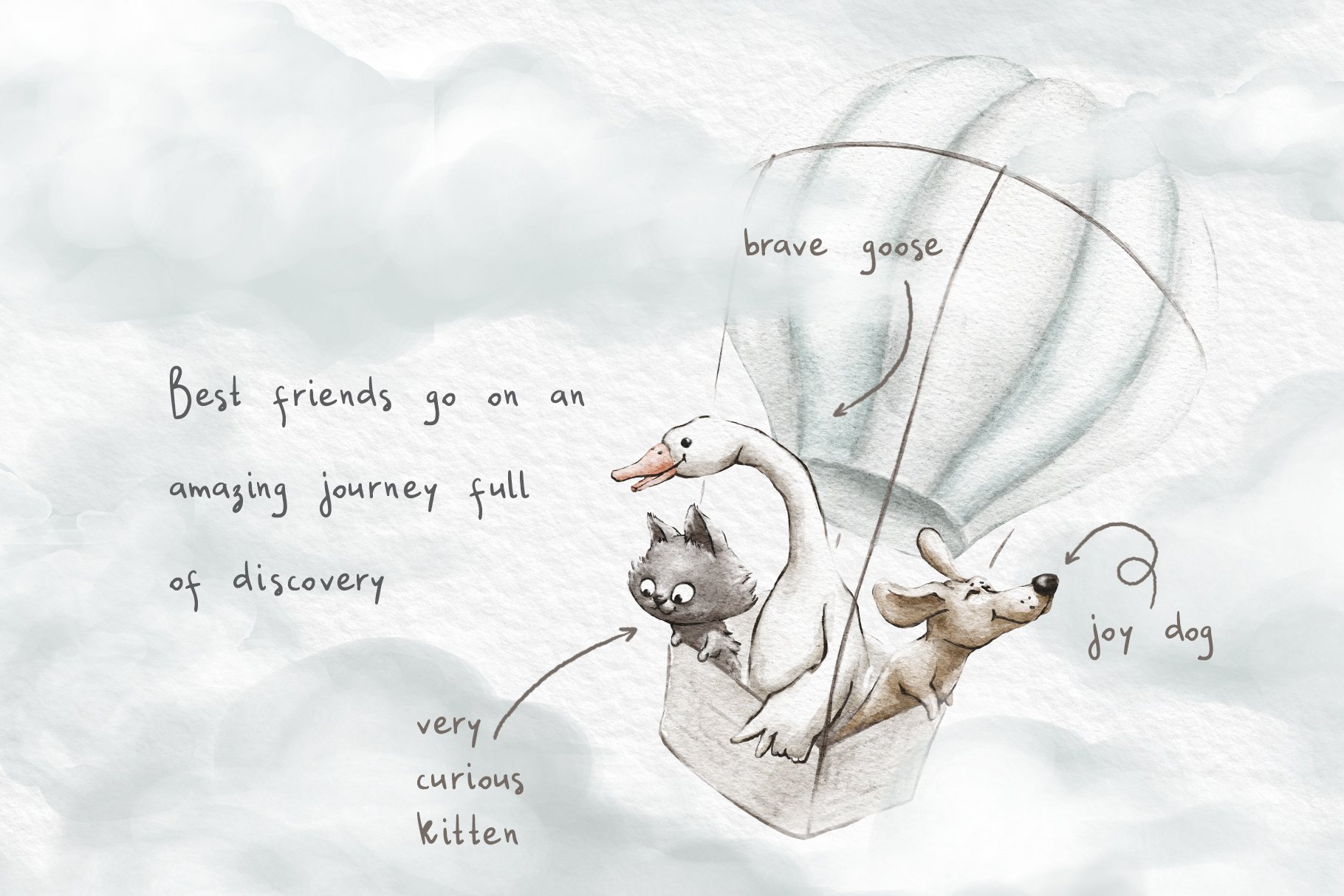 Grey watercolor illustration with animals in a balloon.