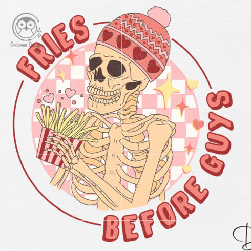 Colorful image of a skeleton with french fries.
