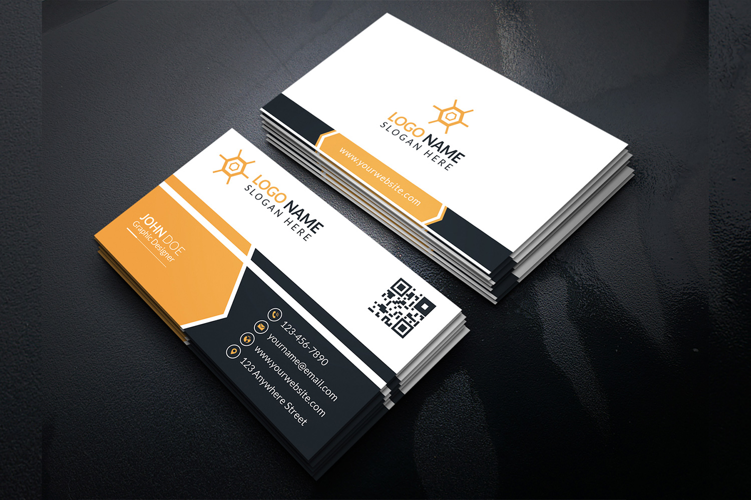 Light business card with yellow elements.