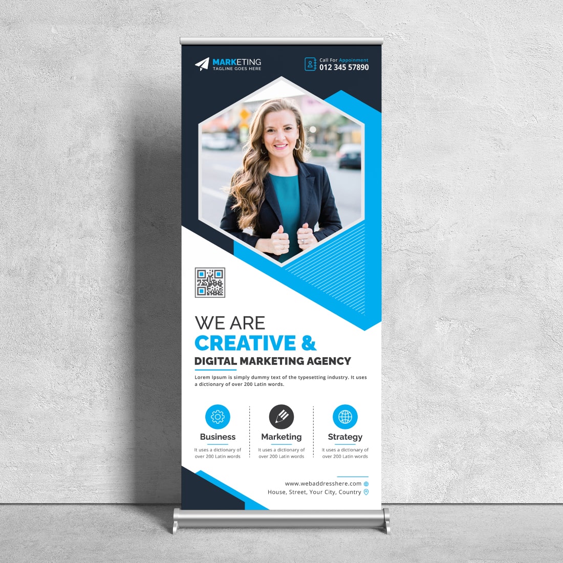 Image of a corporate roll up banner in a charming blue design