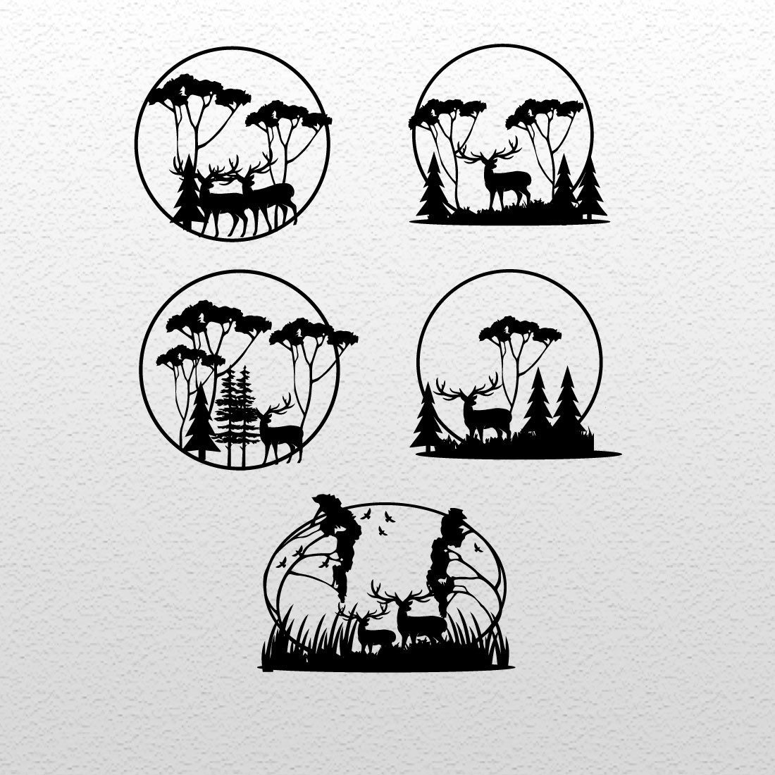 Set of four black and white silhouettes of trees and animals.