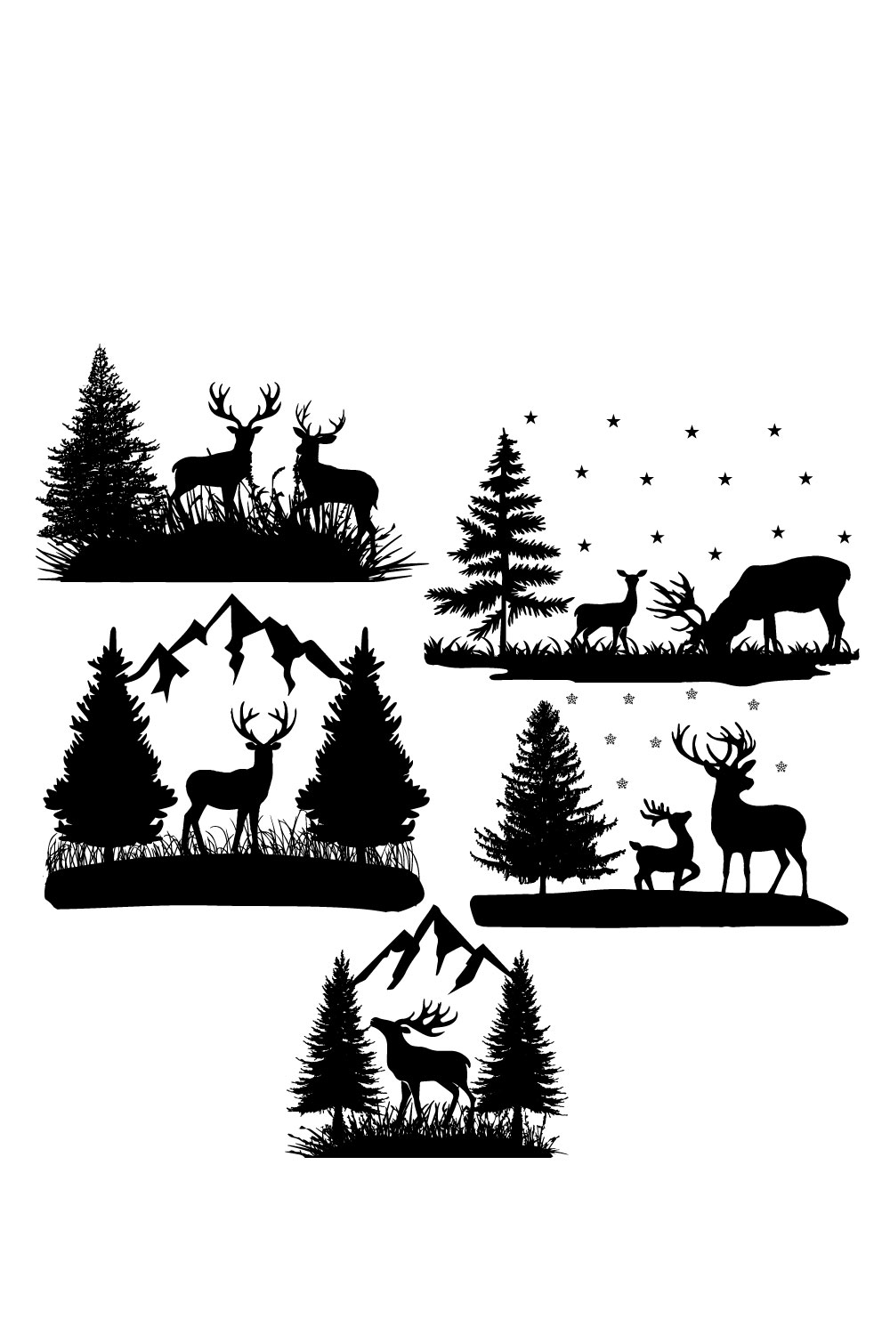 Set of silhouettes of deer and trees.