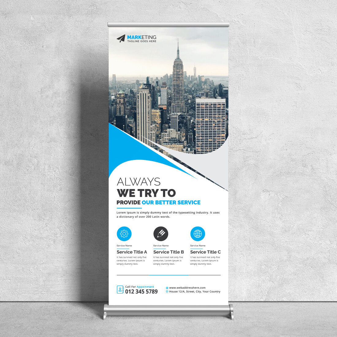 Image of corporate roll up banner in exquisite blue design