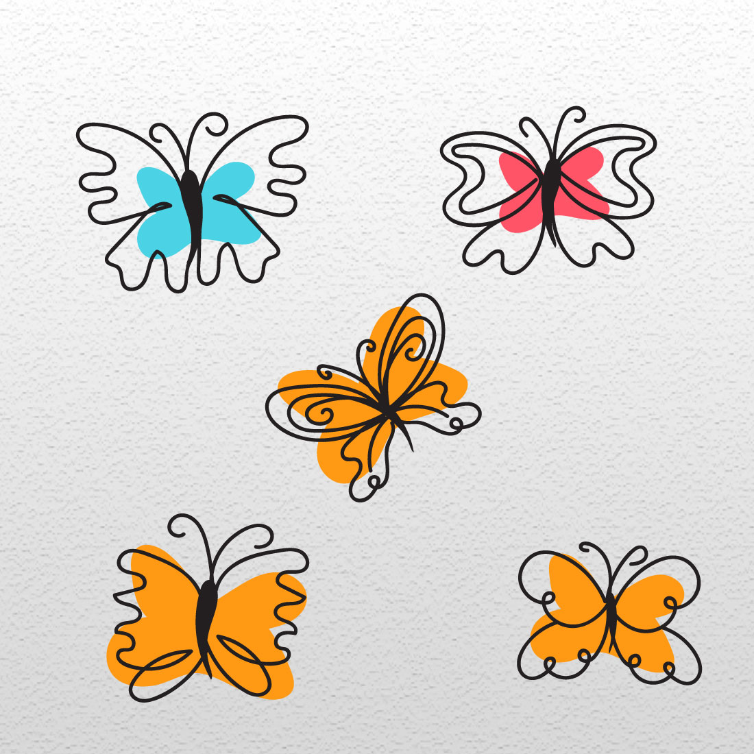 Four different colored butterflies on a white background.