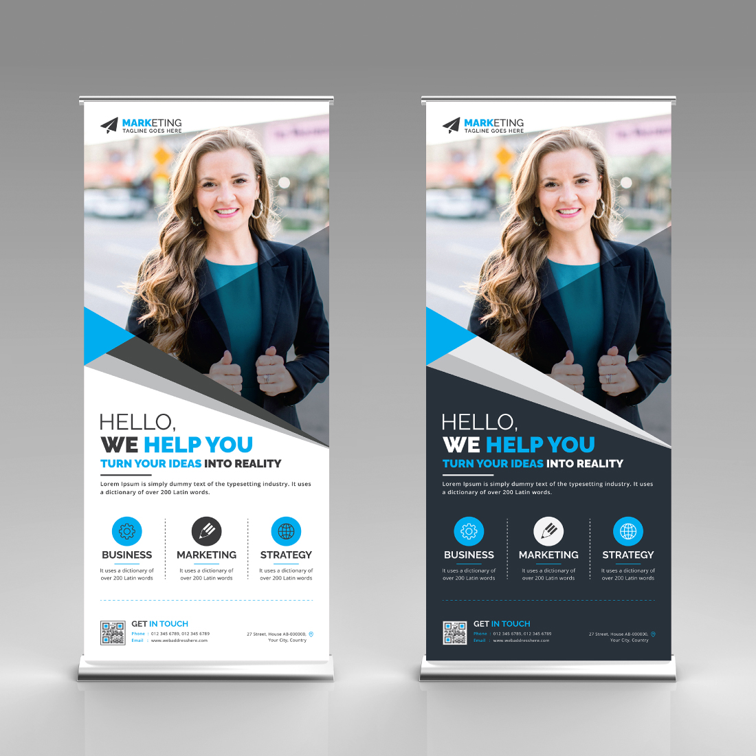 Image of corporate roll up banner in colorful blue design