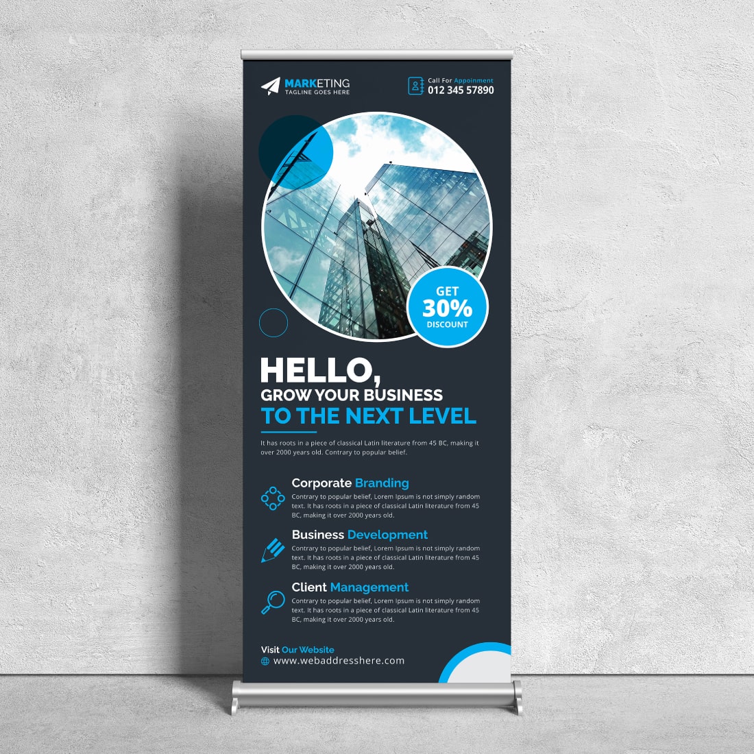 Image of corporate roll up banner in colorful blue design