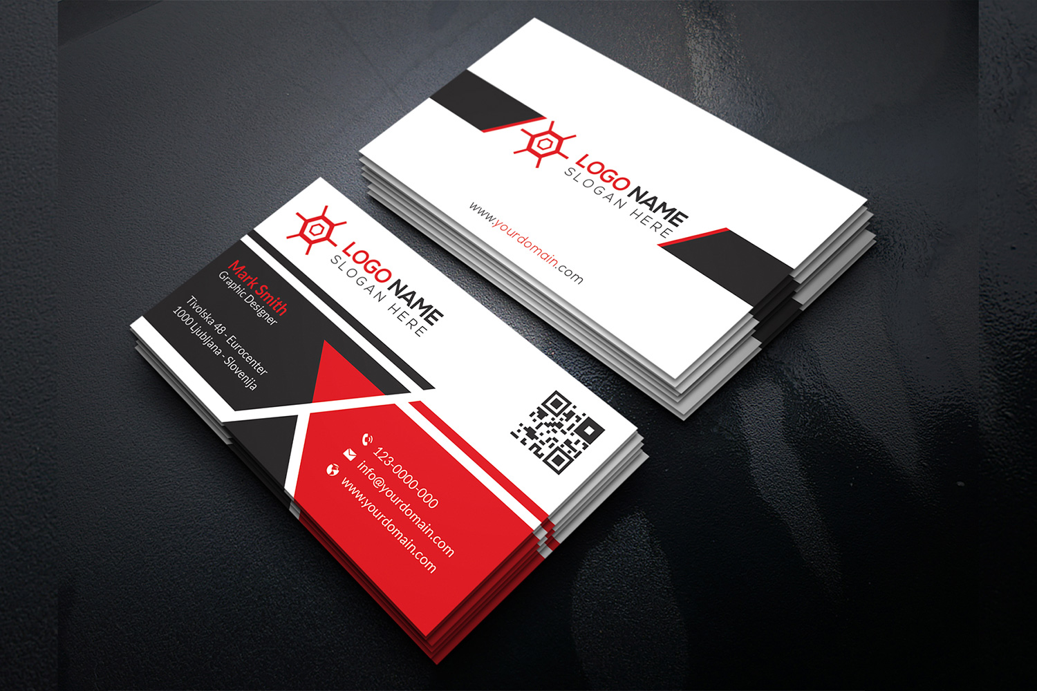 Three colored business cards with red blocks.