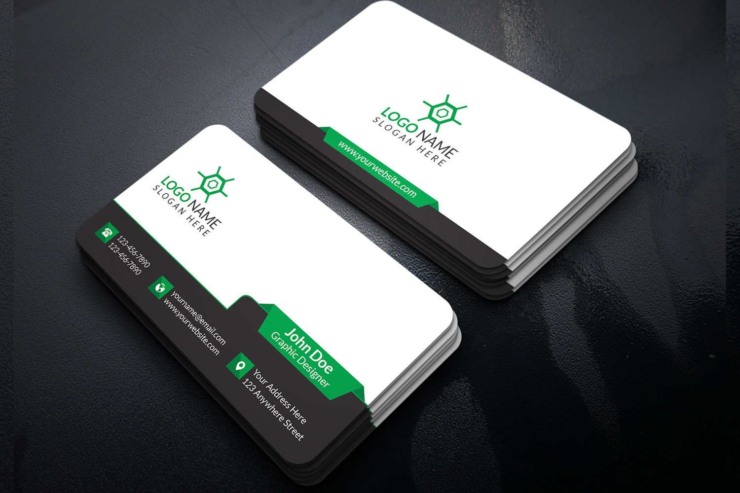 White business cards with green lines.