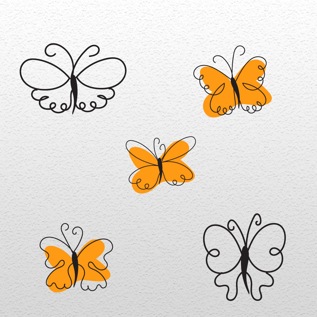 Group of four orange and black butterflies.