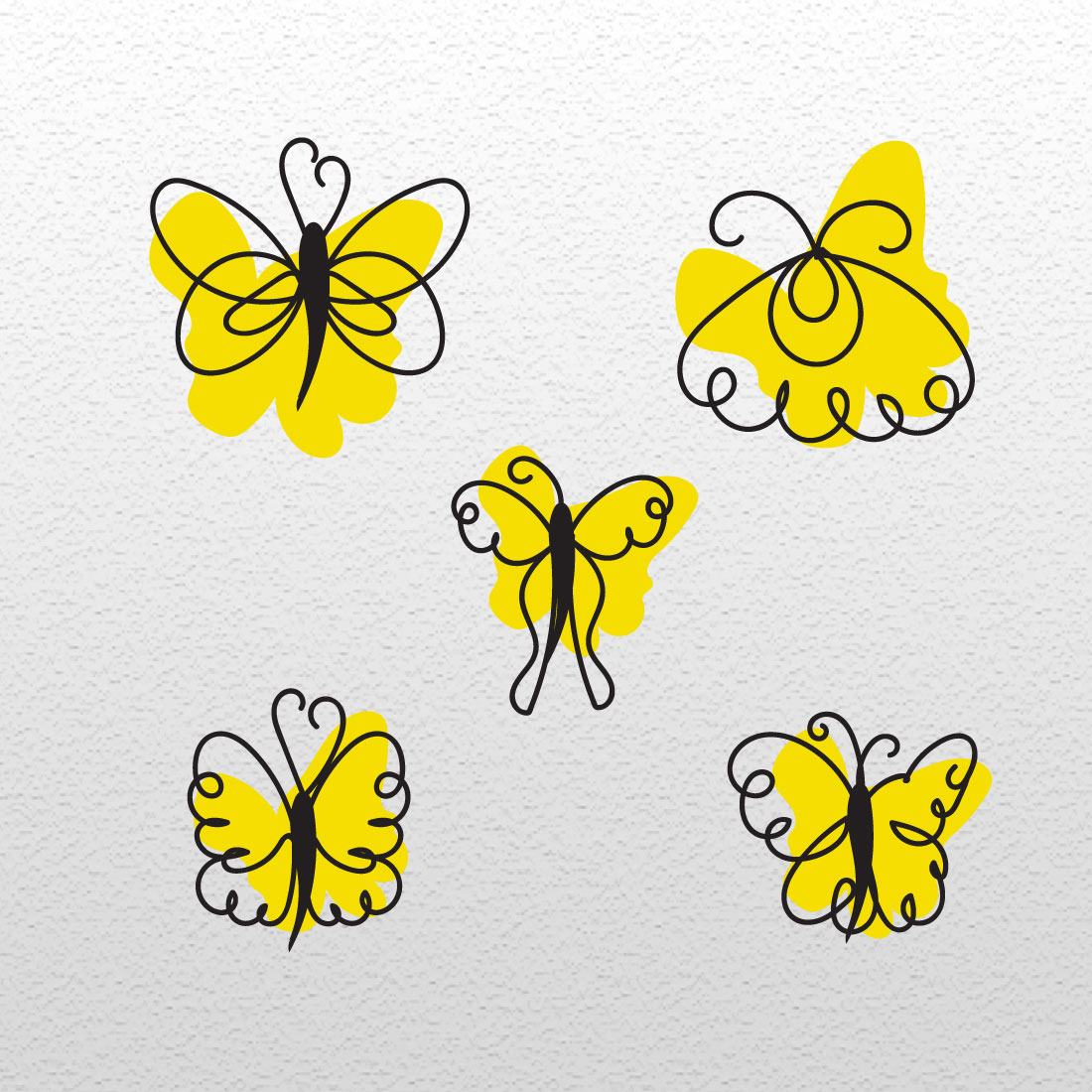 Group of yellow butterflies on a white background.