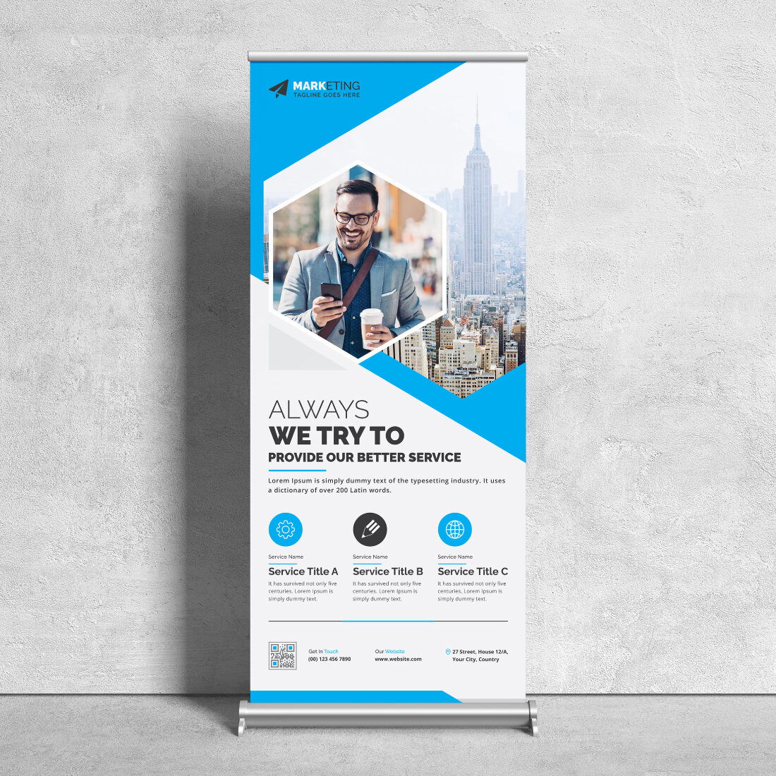 Image of corporate roll up banner in exquisite blue design