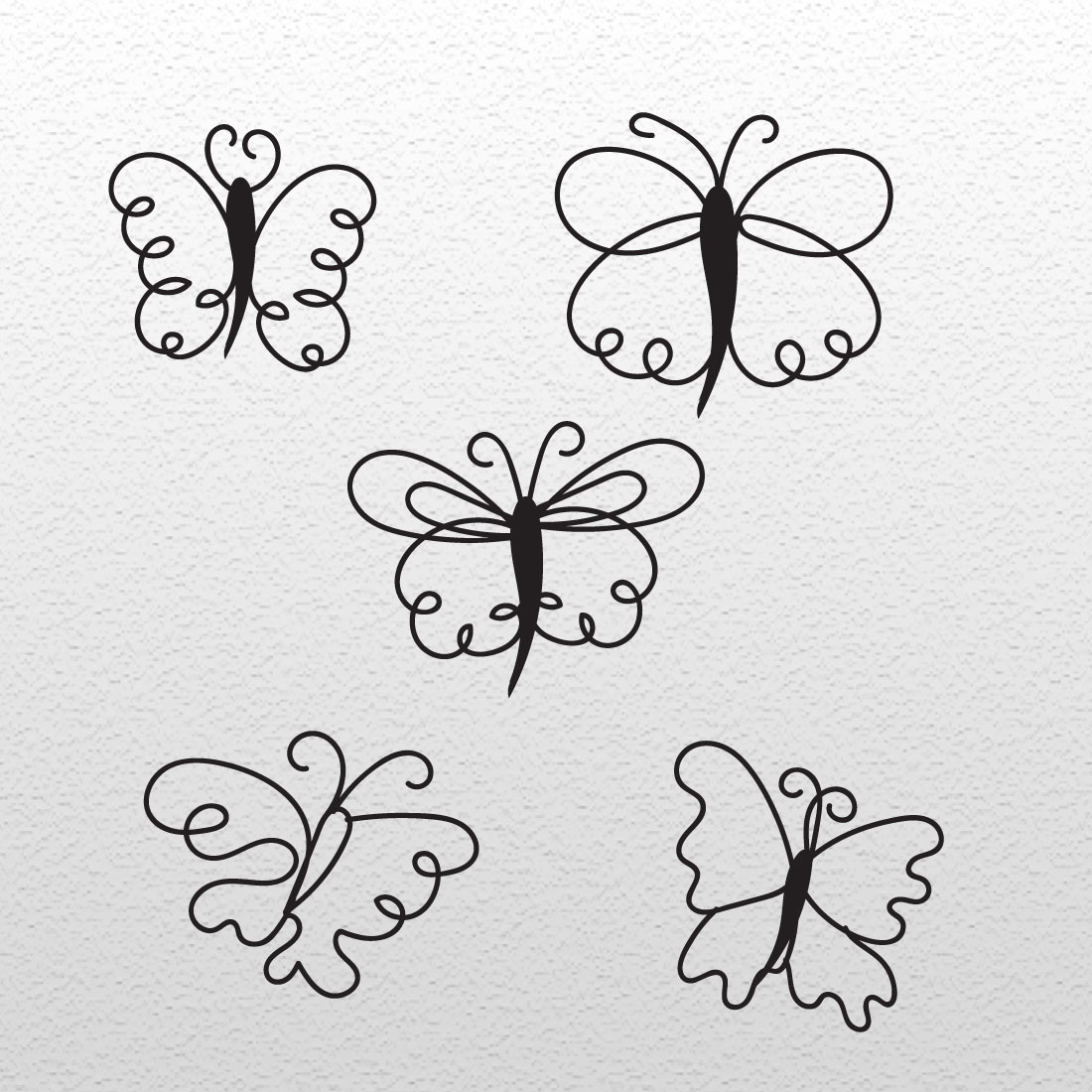 Set of four black butterflies on a white background.