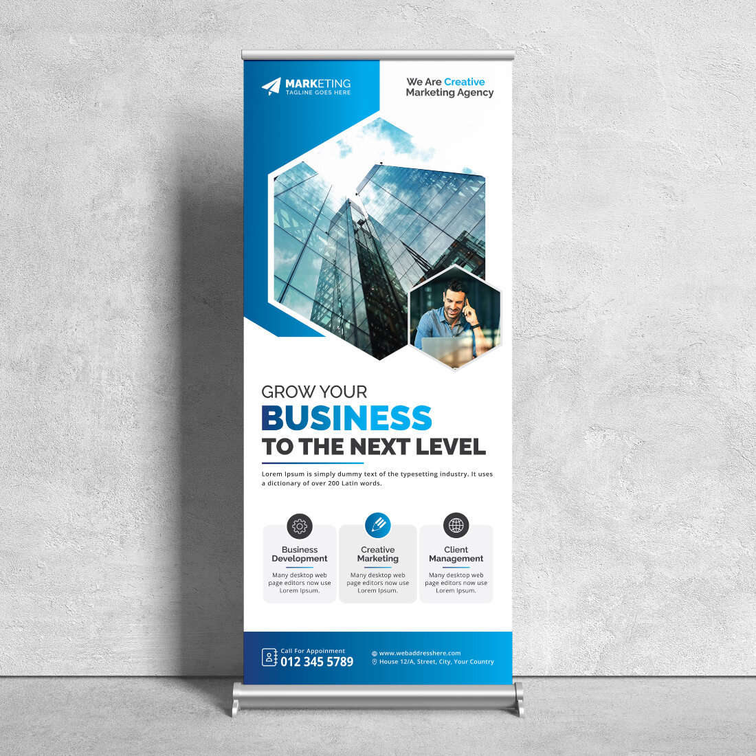 Image of corporate roll up banner in enchanting blue design