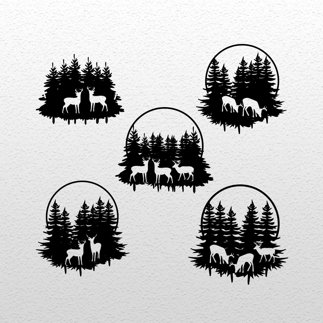 Set of four black and white silhouettes of deer and trees.