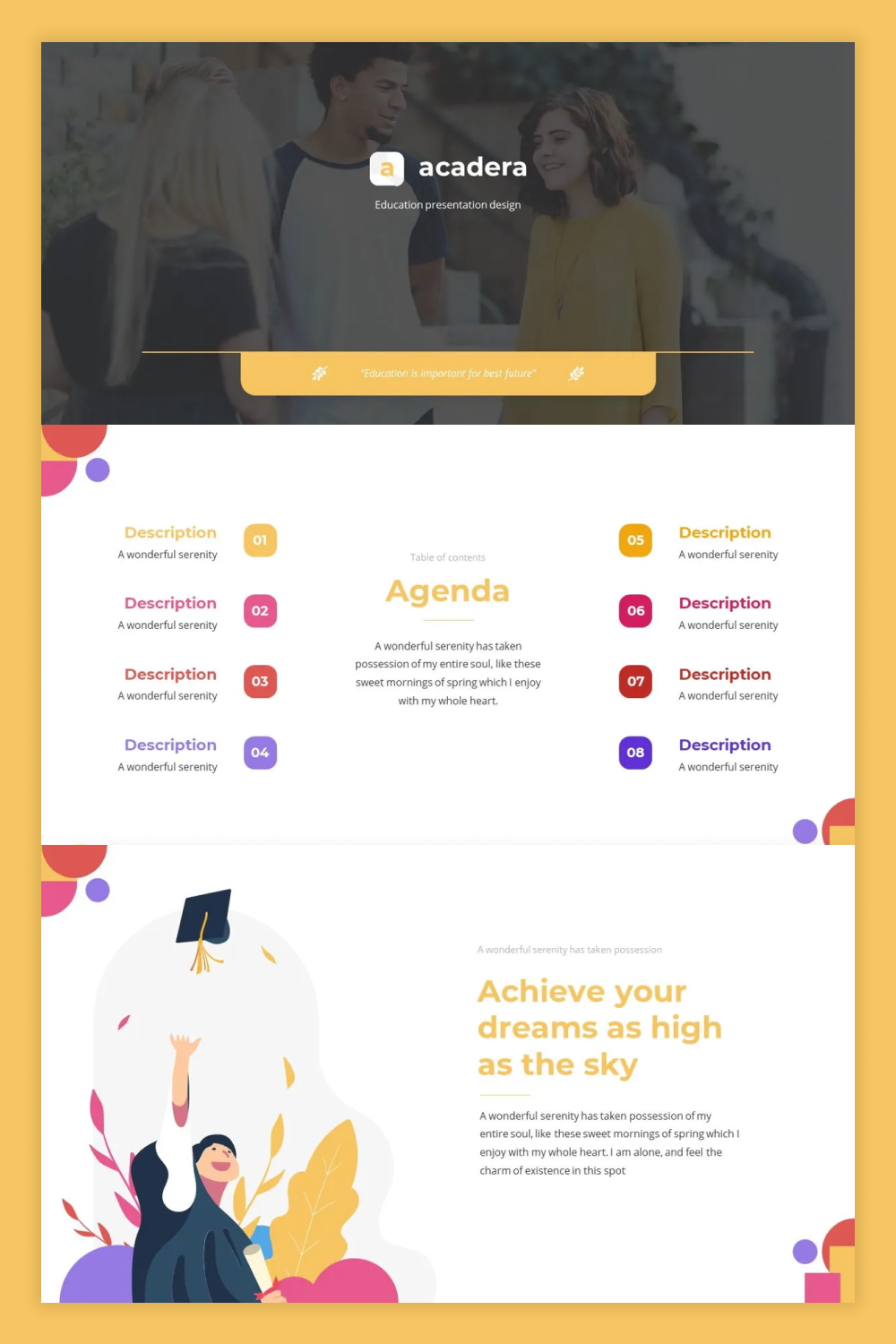 Collage of presentation pages with white background and colorful list.