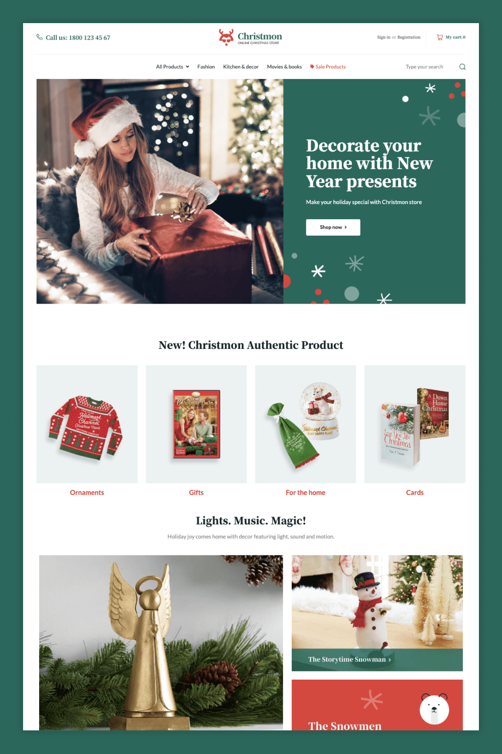 Screenshot of the main page of the site with a photo of Christmas accessories and a girl with a gift.