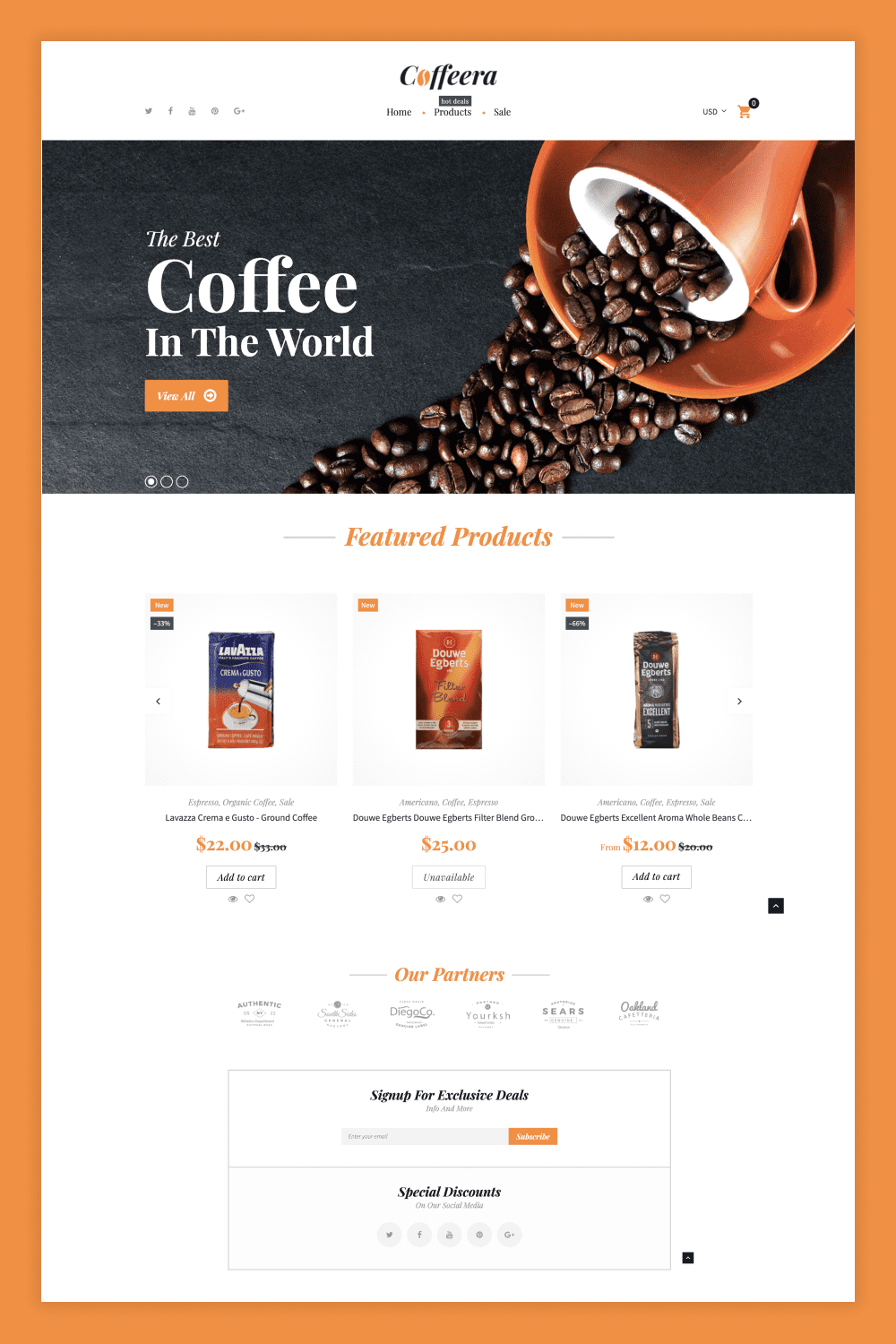 Screenshot of the main page of the store with a photo of coffee and coffee packs.