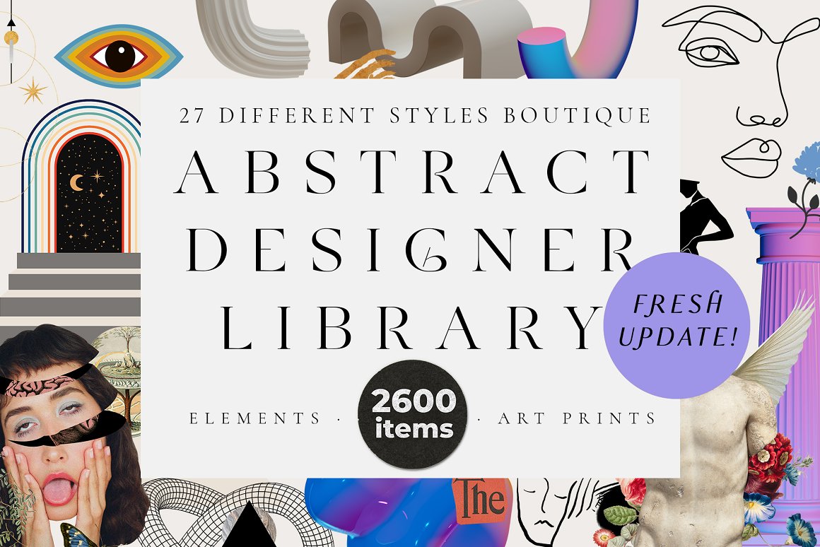 Black lettering "Abstract Design Library" on the background with different illustrations.