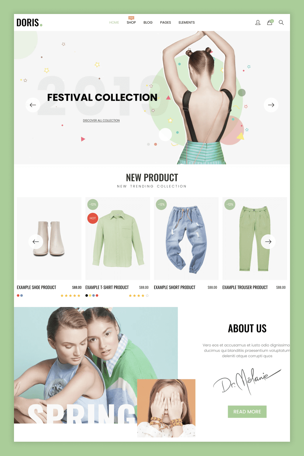 Screenshot of the main page of a clothing store with a slider, photos of products and photos of girls.