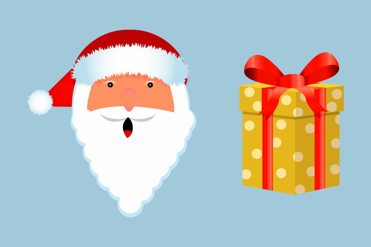 Santa face and cute gold gift.