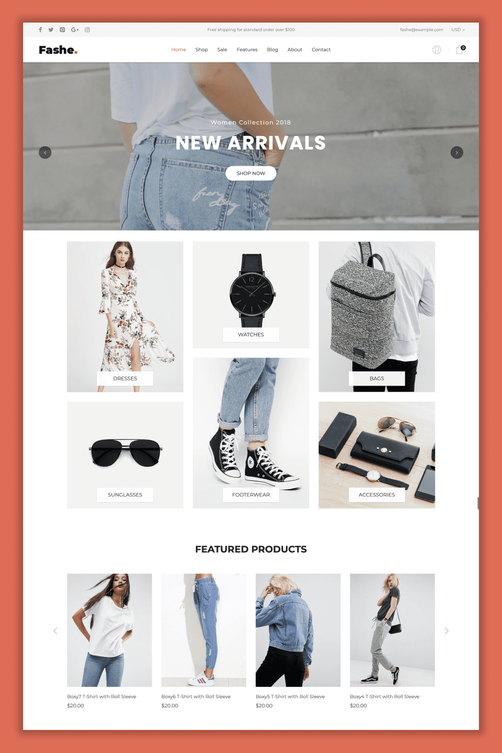 Screenshot of the main page of the store with photos of dresses, glasses, watches, backpacks.