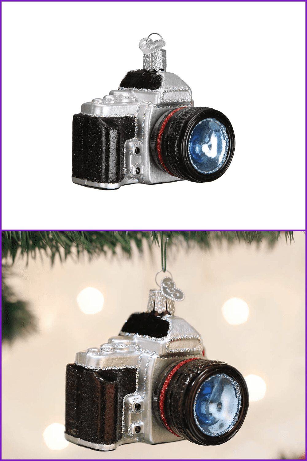 Collage from a photo of a Christmas tree in toy in the form of a film camera.