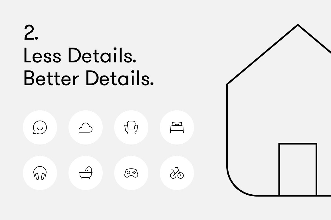 Black "Less Details. Better Details." lettering and 8 black icons on a gray background.